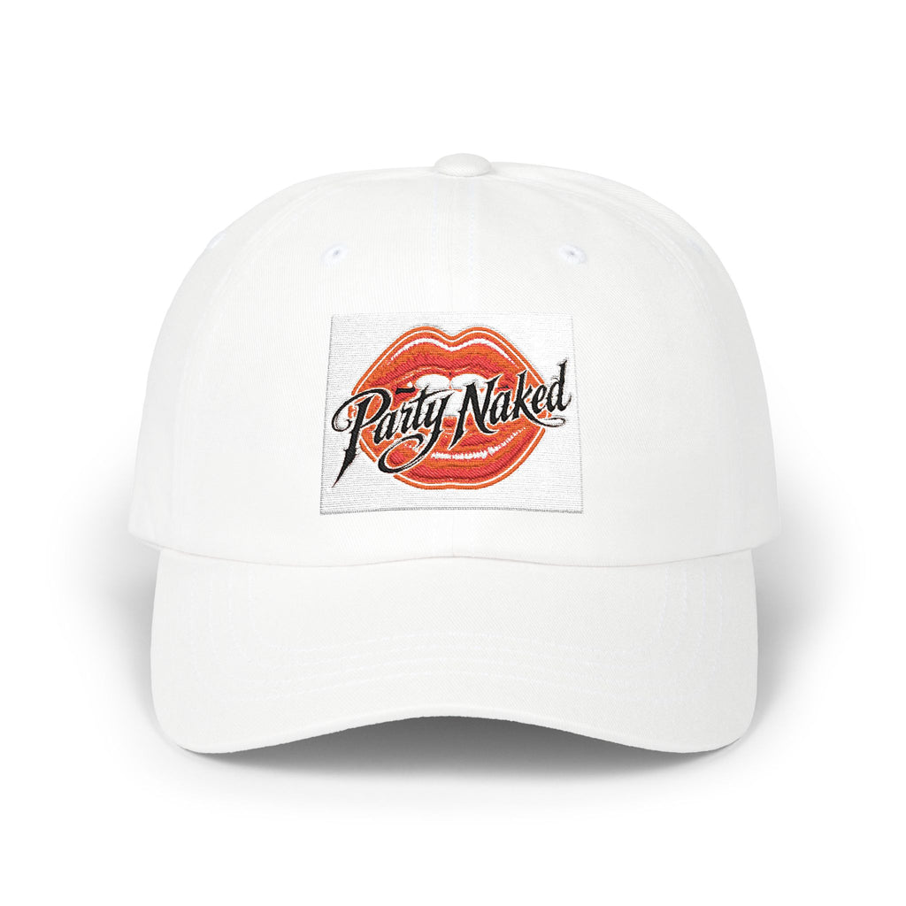 Kiss Mark Dad Cap — White Baseball Hat with Red Lip Print