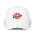 Kiss Mark Dad Cap — White Baseball Hat with Red Lip Print