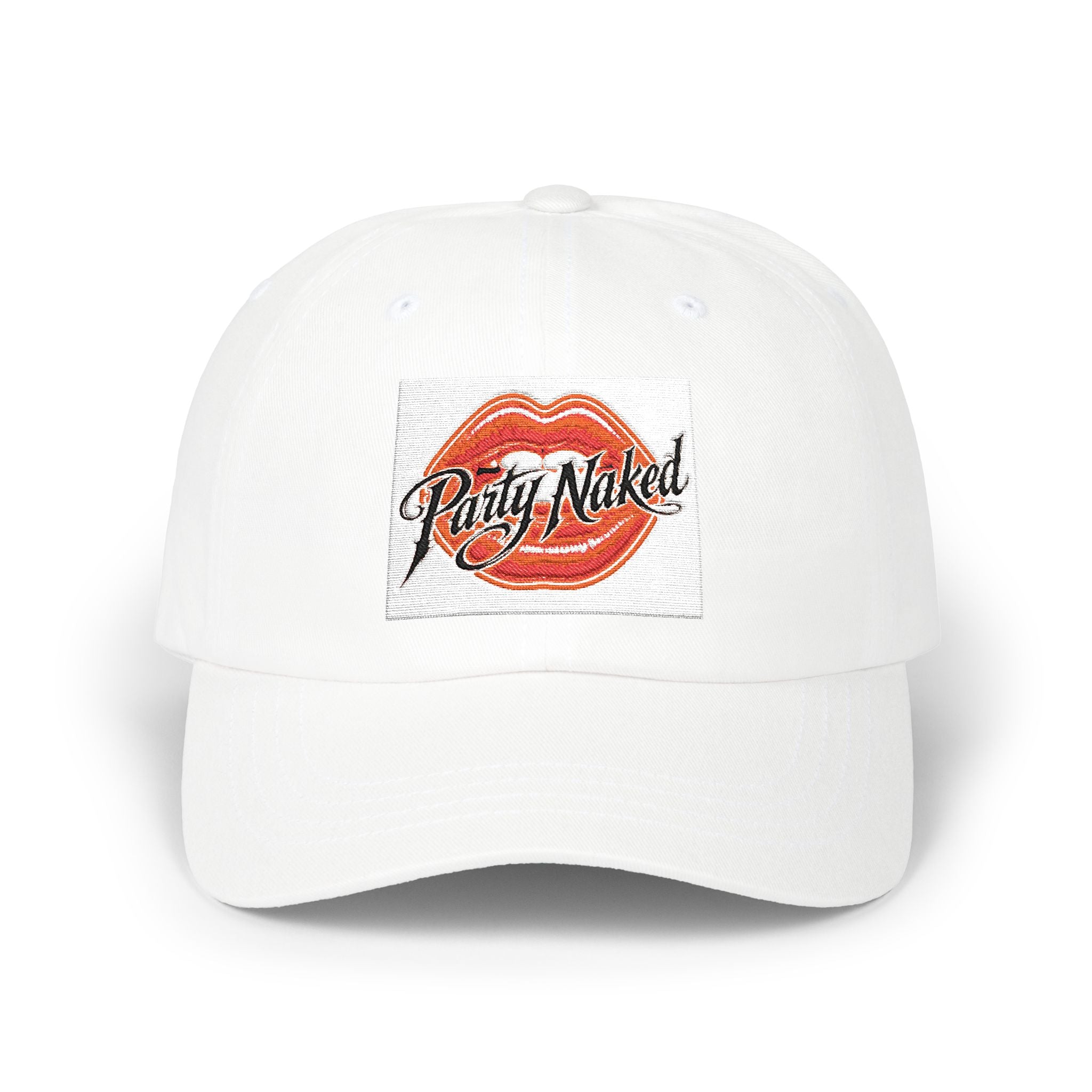 Kiss Mark Dad Cap — White Baseball Hat with Red Lip Print
