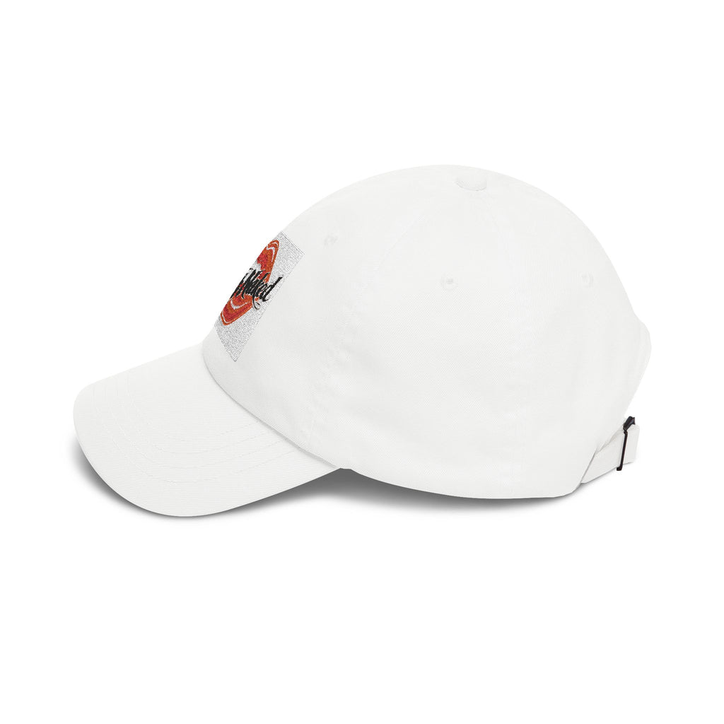 Kiss Mark Dad Cap — White Baseball Hat with Red Lip Print
