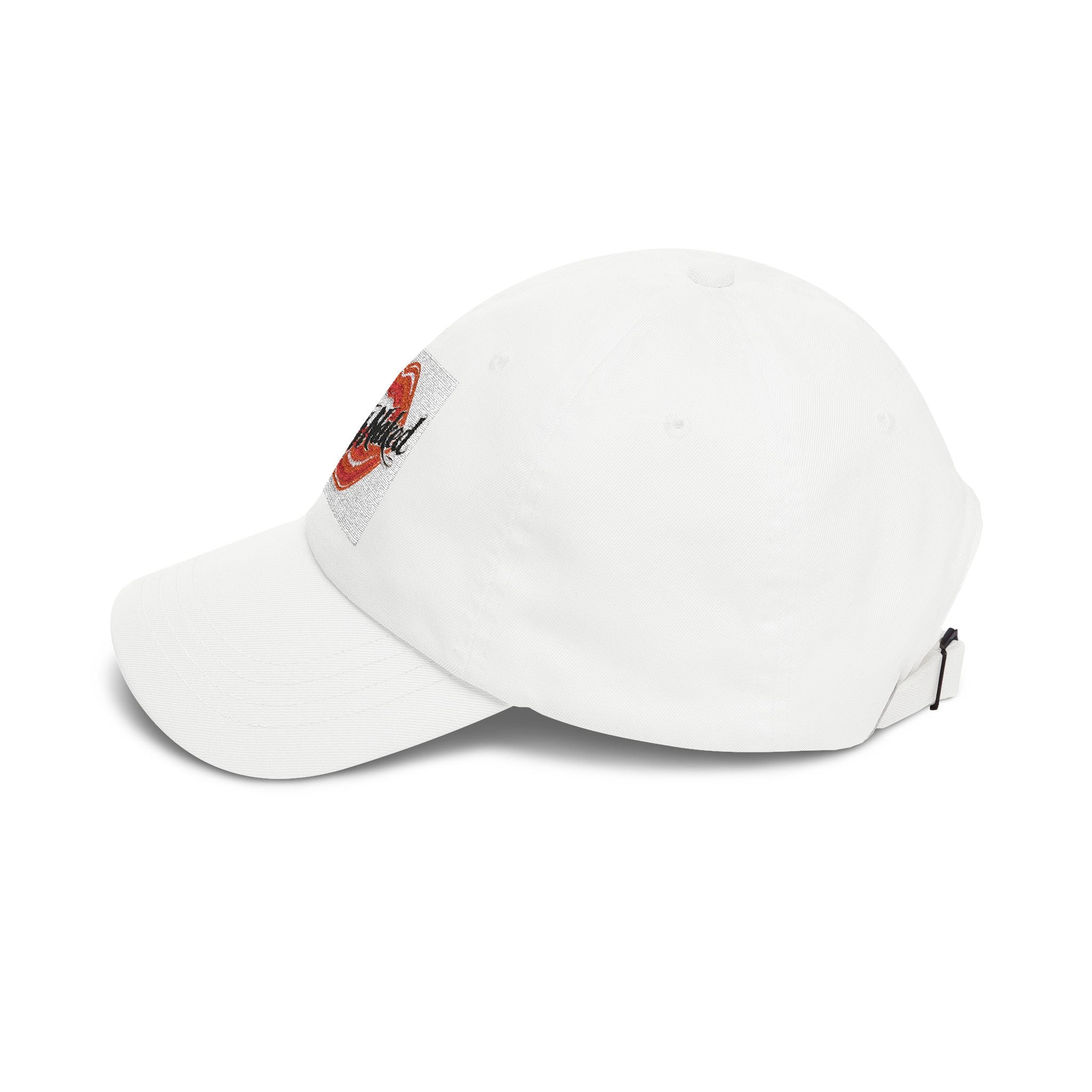 Kiss Mark Dad Cap — White Baseball Hat with Red Lip Print